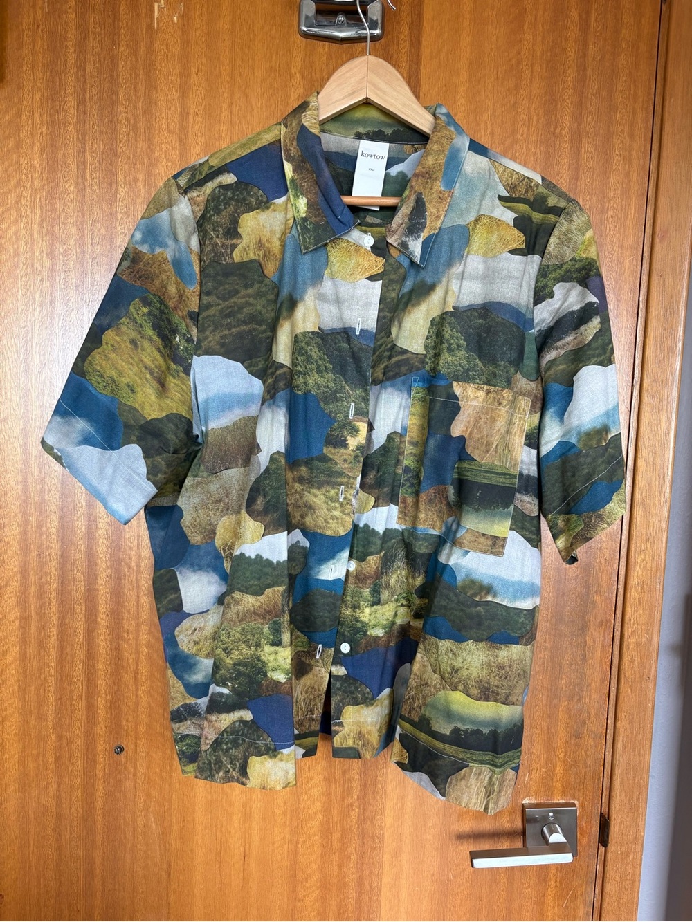 Short-Sleeve Scenic Print Button-Down Shirt — Multicolor Green/Blue